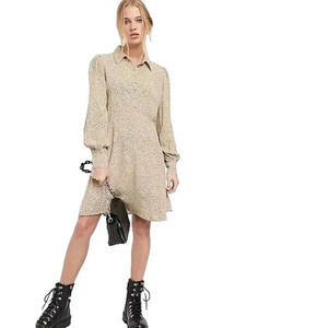 & Other Stories Polka Dot Fluid Long Sleeve Midi Shirt Dress Sz 8 Beige Collared